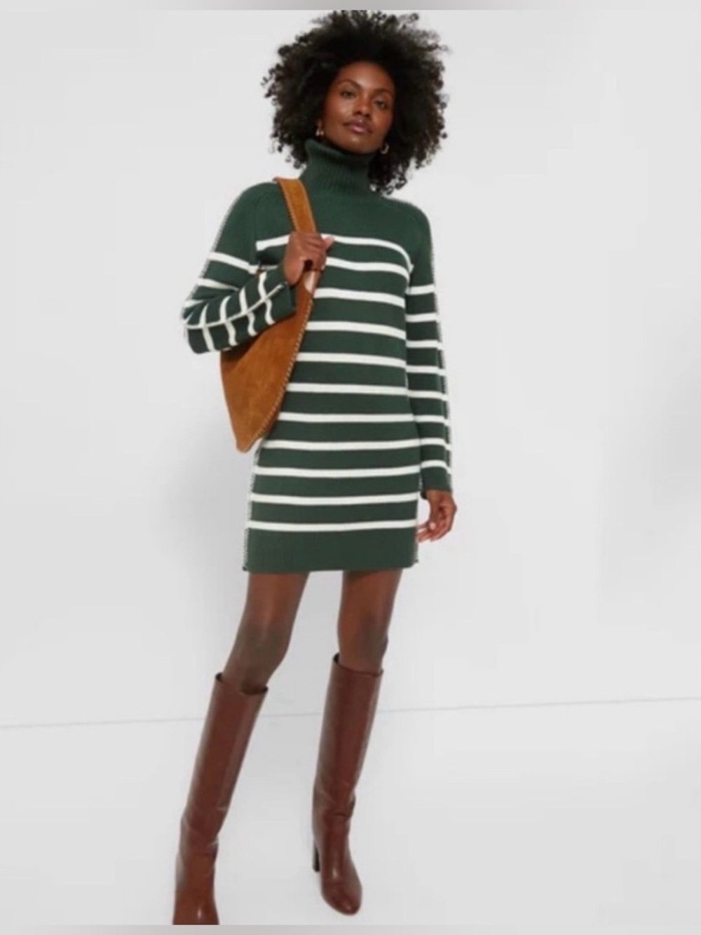 Striped Turtleneck Sweater Dress XL Forest Green & White whipstitched trim